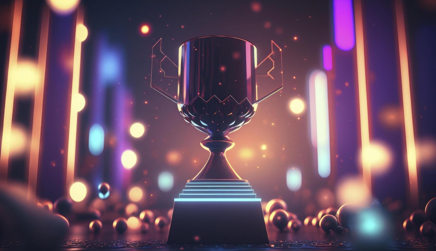 Winner trophy on a stage at studio illuminated by neon lights with blurred background. Postproducted digital illustration. photo