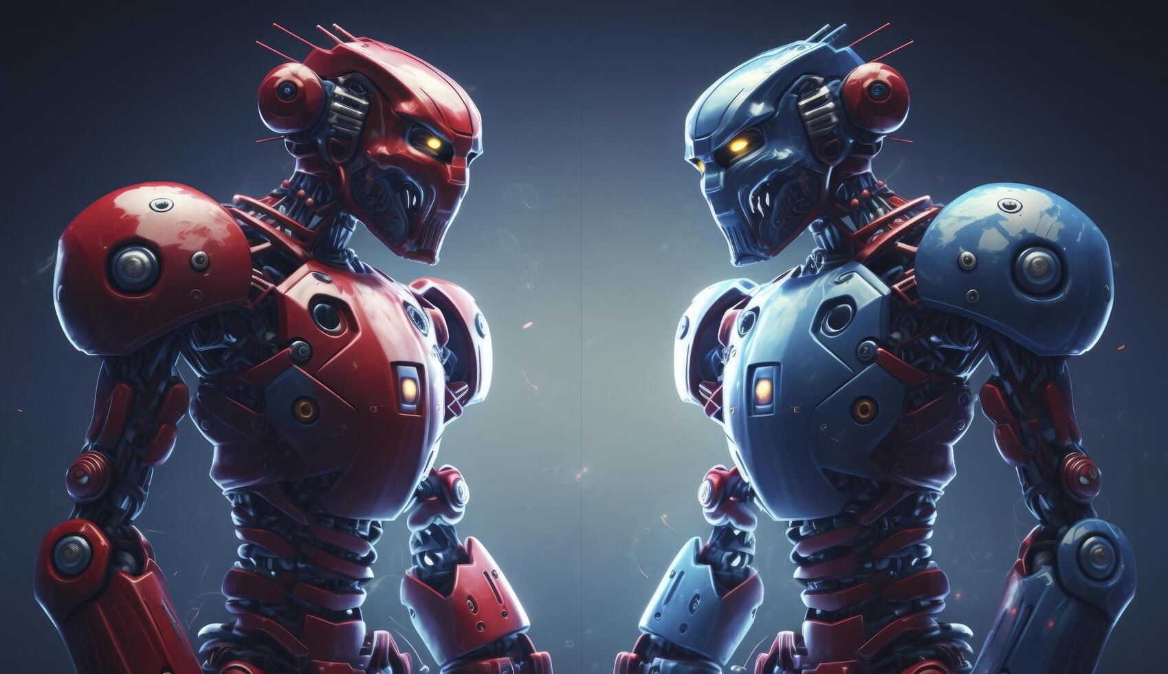 Two futuristic robots before match in blue and red color. Postproducted digital illustration. photo