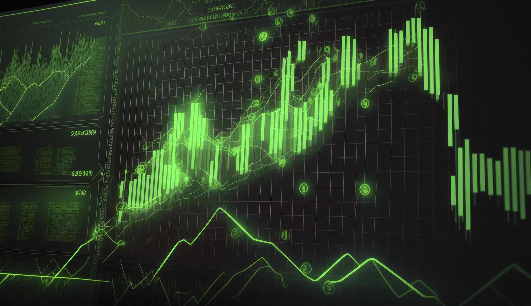 Stock market trading graph in green color as economy 3D illustration background. Trading trends and economic development. photo