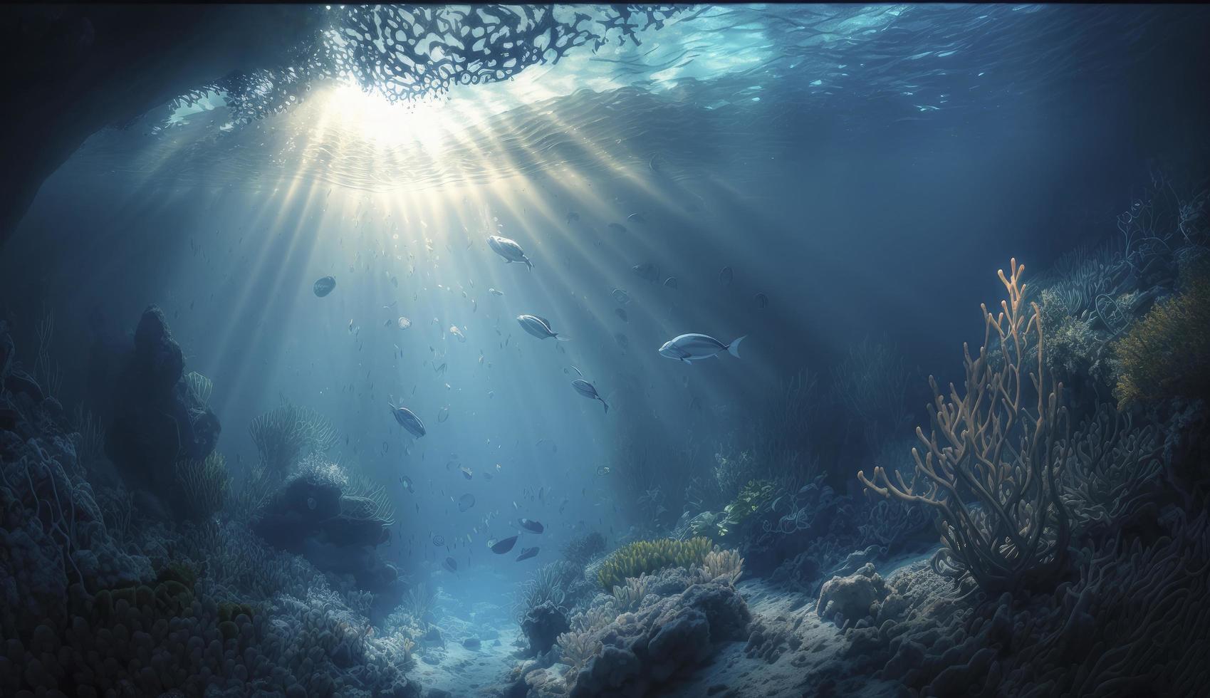 Underwater sea in blue sunlight, Generate Ai photo