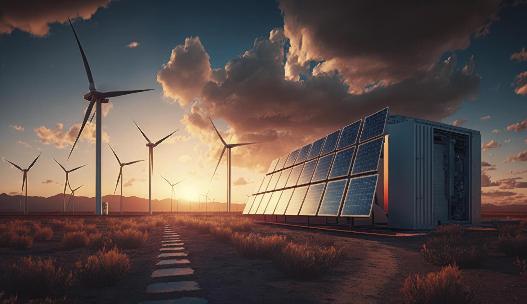 solar power plant with wind turbines at sunset under a blue sky. Power plant with an electric turbine and solar panels. Concepts of eco friendly and clean energy. photo