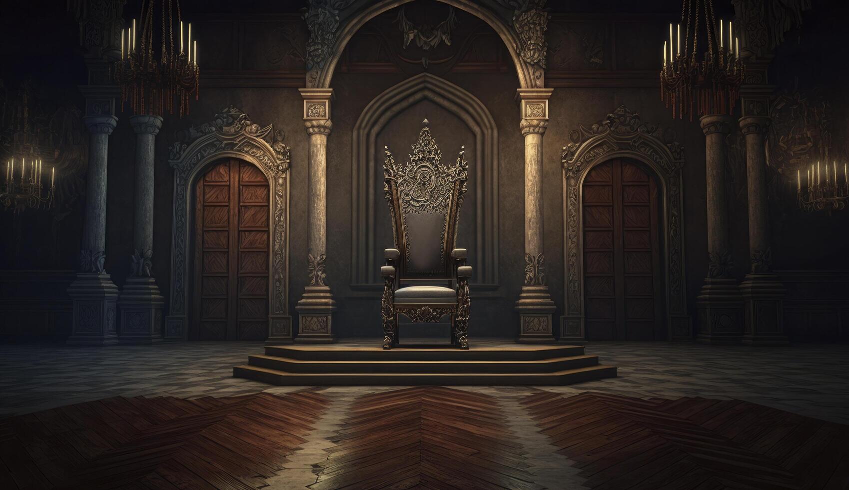 Very decorated empty throne in the castle hall. Postproducted digital illustration. photo