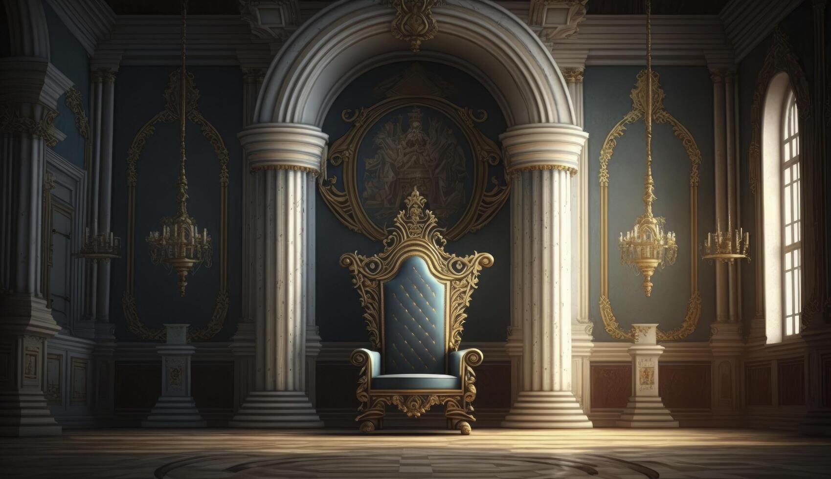 Very decorated empty throne in the castle hall. Postproducted digital illustration. photo