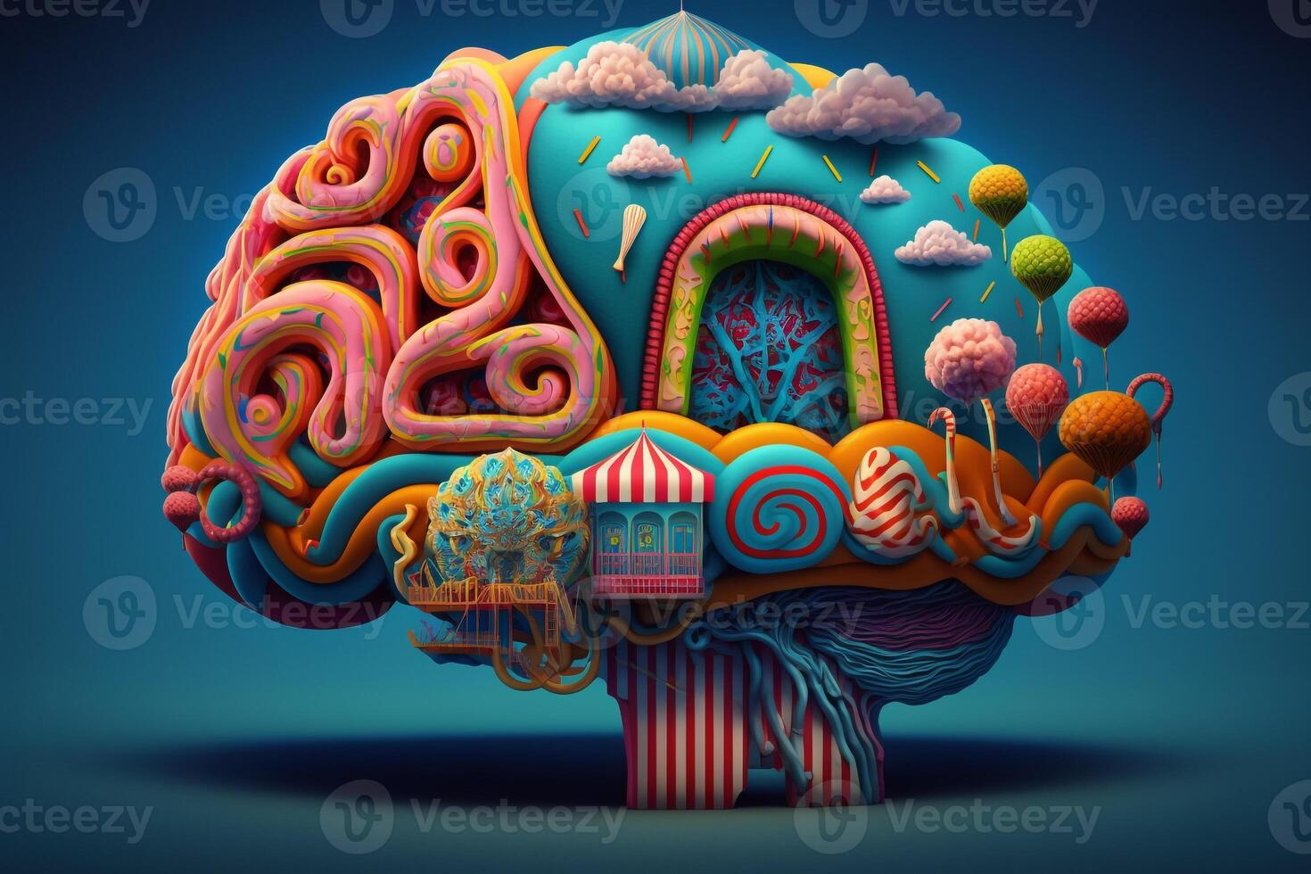 a brain that looks like a colorful and fantastical carnival, with different areas of the brain represented as various carnival rides and attractions. photo