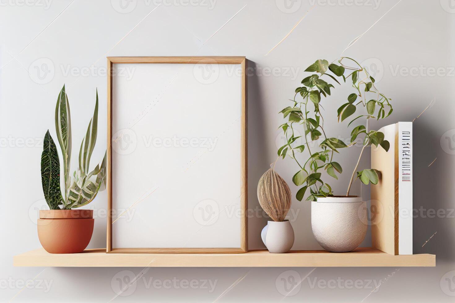 wooden frame mockup on the wall, minimalistic thin frame, day light, white wall, minimalistic, scandinavian style . photo