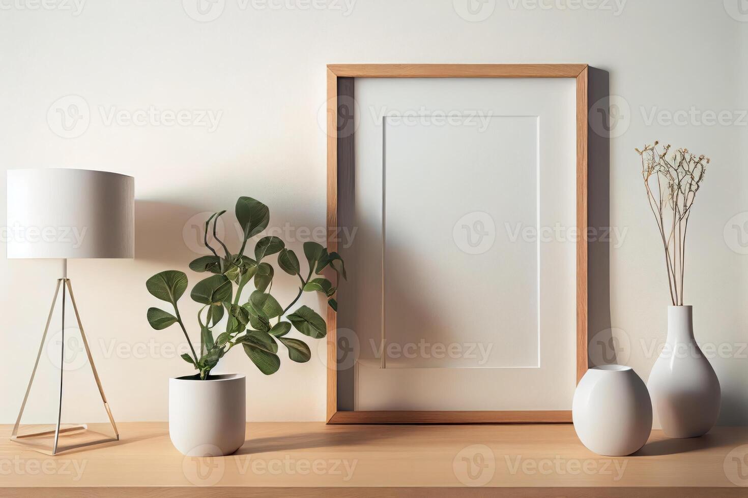 wooden frame mockup on the wall, minimalistic thin frame, day light, white wall, minimalistic, scandinavian style . photo