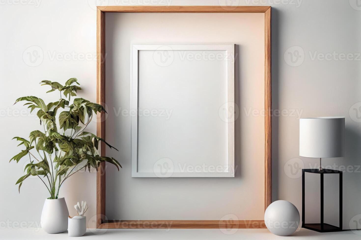 wooden frame mockup on the wall, minimalistic thin frame, day light, white wall, minimalistic, scandinavian style . photo