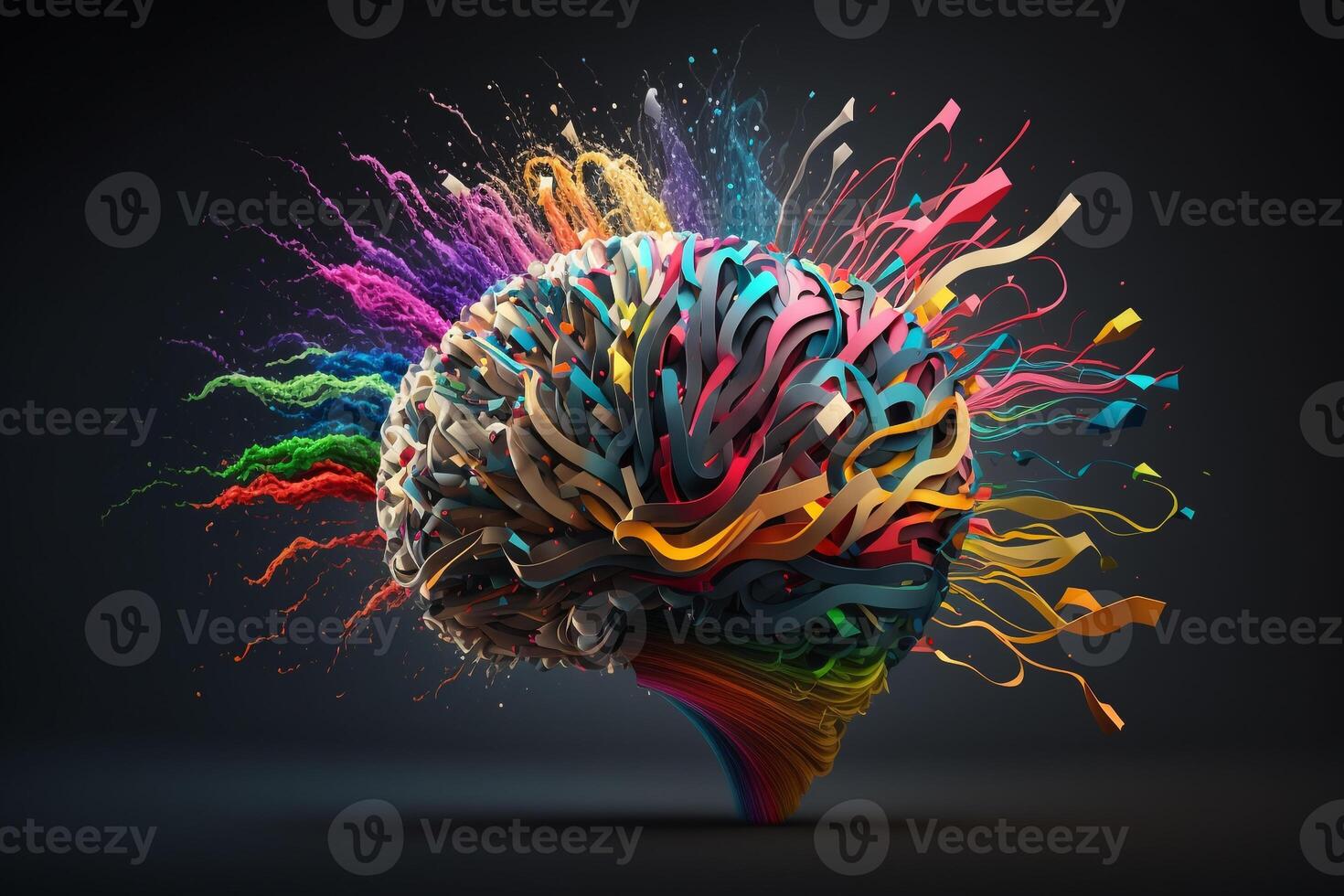 a human brain made of brightly-colored ribbons and fibers, with sparks of creativity and inspiration shooting out of it like fireworks. photo
