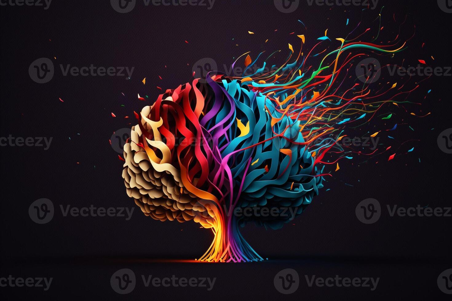 a human brain made of brightly-colored ribbons and fibers, with sparks of creativity and inspiration shooting out of it like fireworks. photo