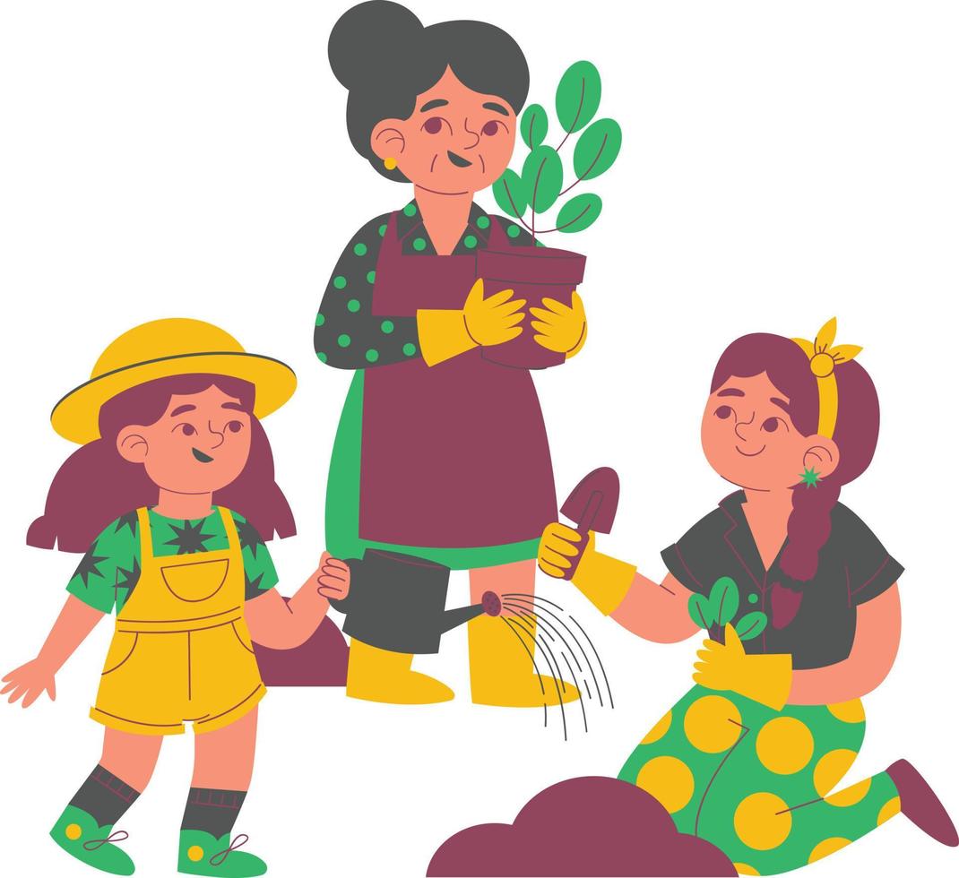 grandmother and granddaughter watering plants. Isolated flat vector illustration