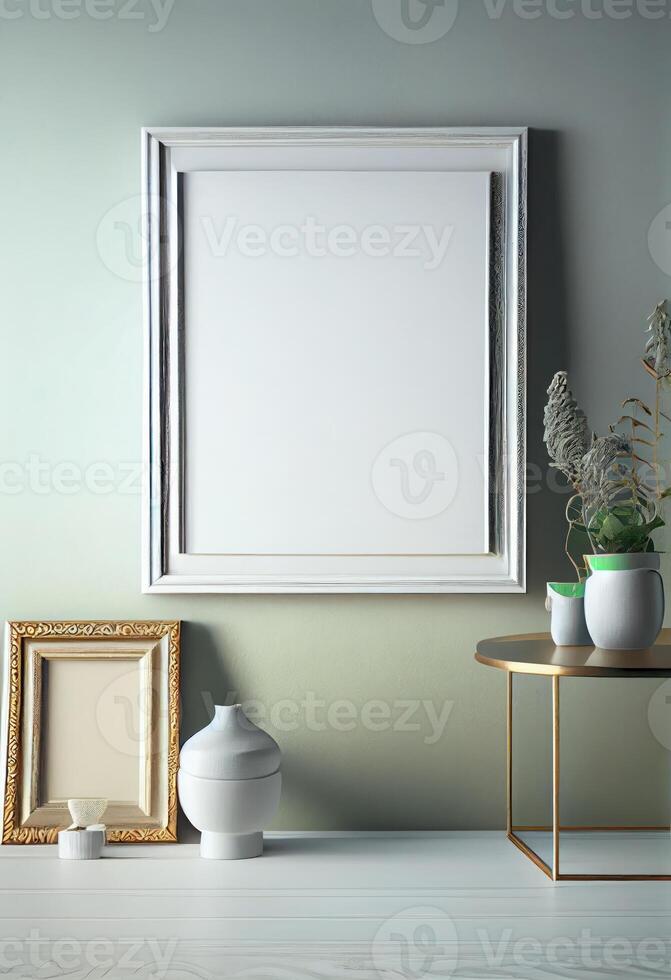 Minimal boho replica empty white photo frame Tasteful decor, stylish lighting .