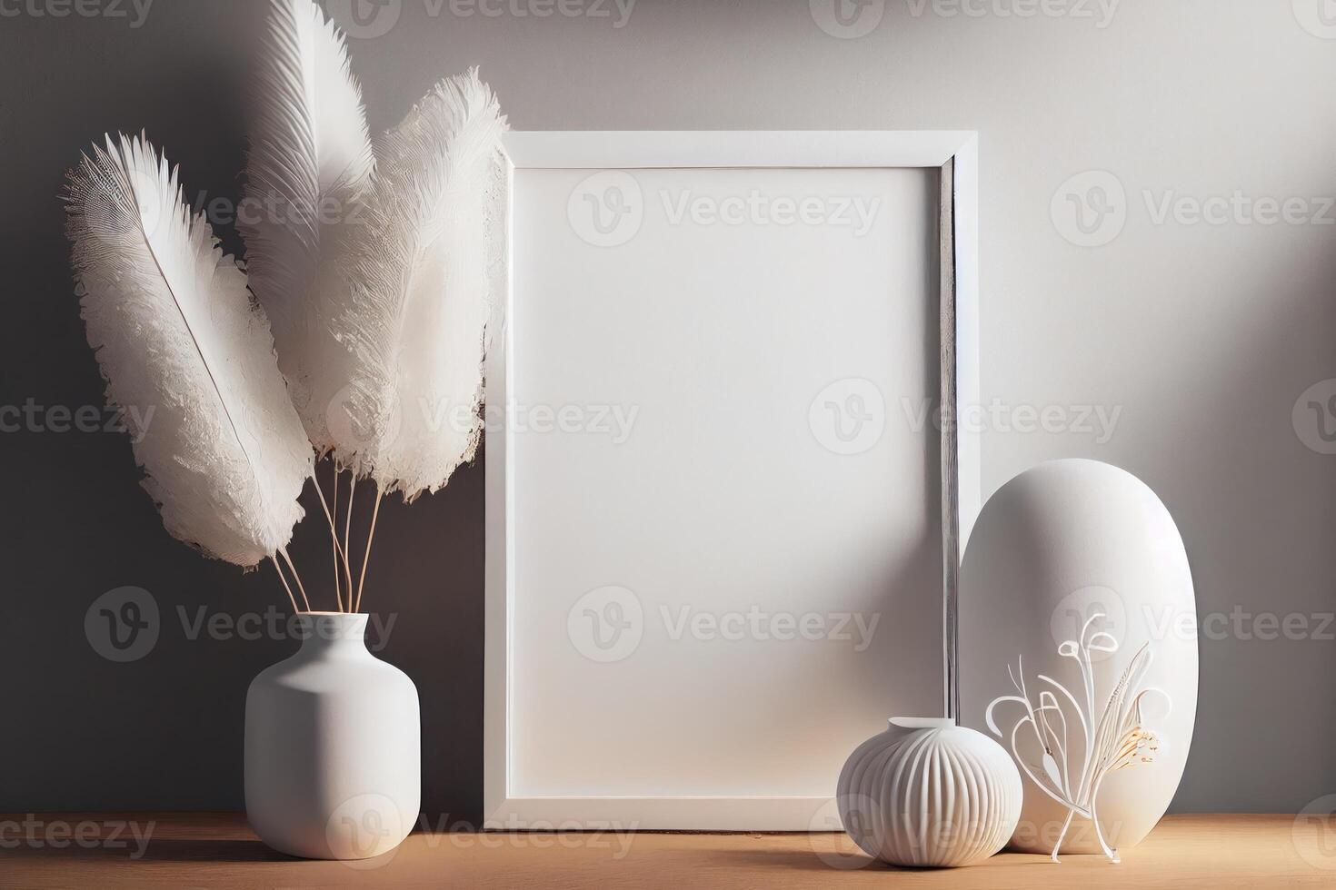 Minimal boho replica empty white photo frame Tasteful decor, stylish lighting .