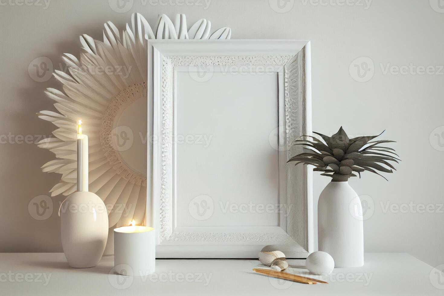 Minimal boho replica empty white photo frame Tasteful decor, stylish lighting .