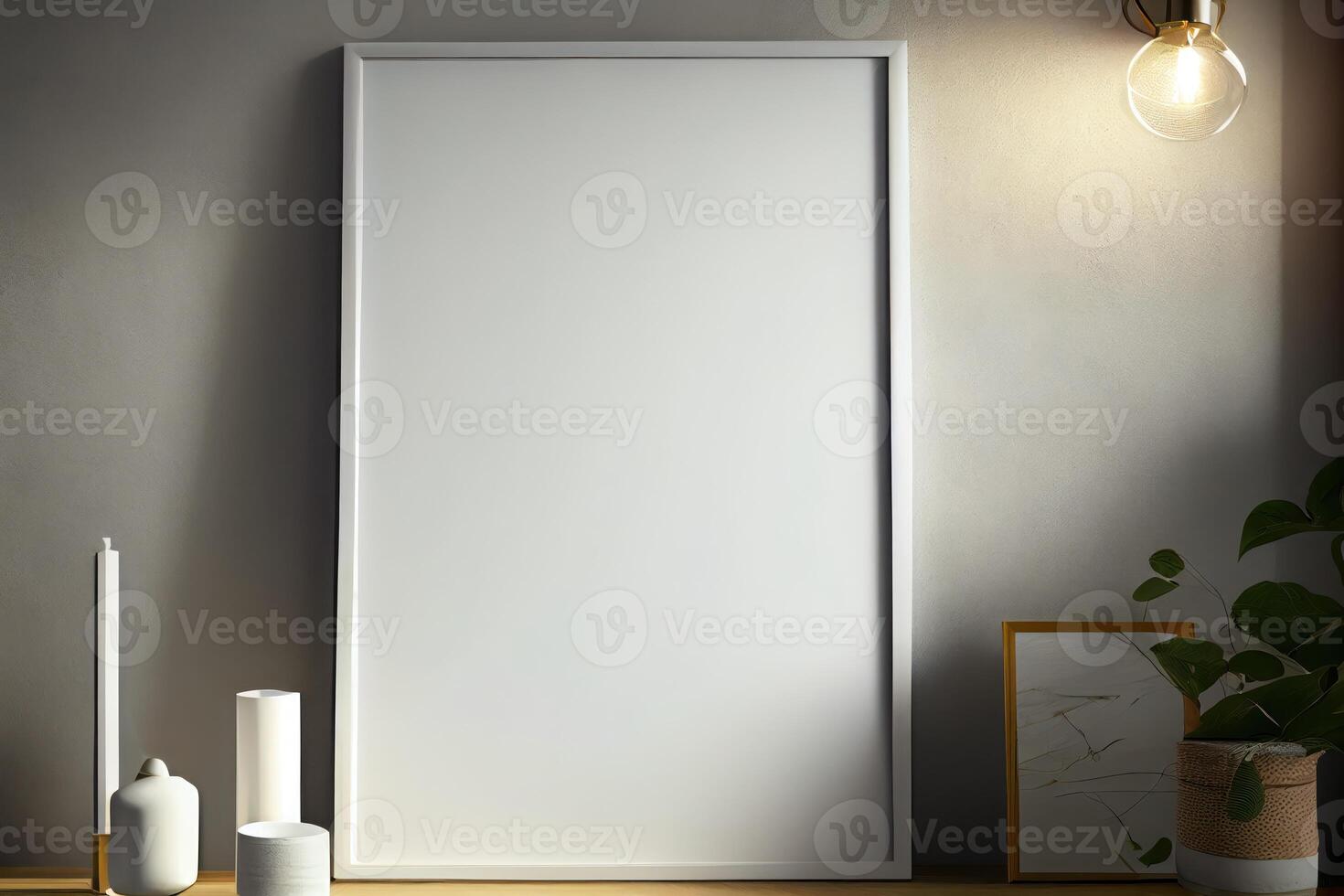 white frame mockup on the wall, minimalistic thin frame, day light, white wall, minimalistic, scandinavian style . photo