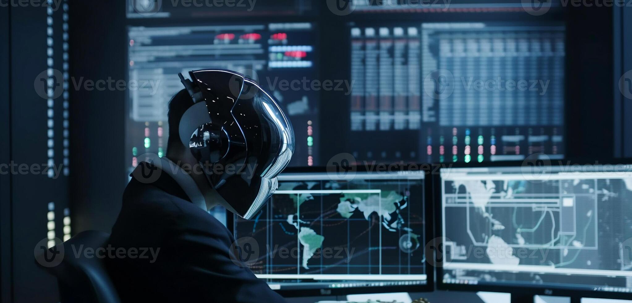 AI human robot in front of a massive data wave. and information technology. photo