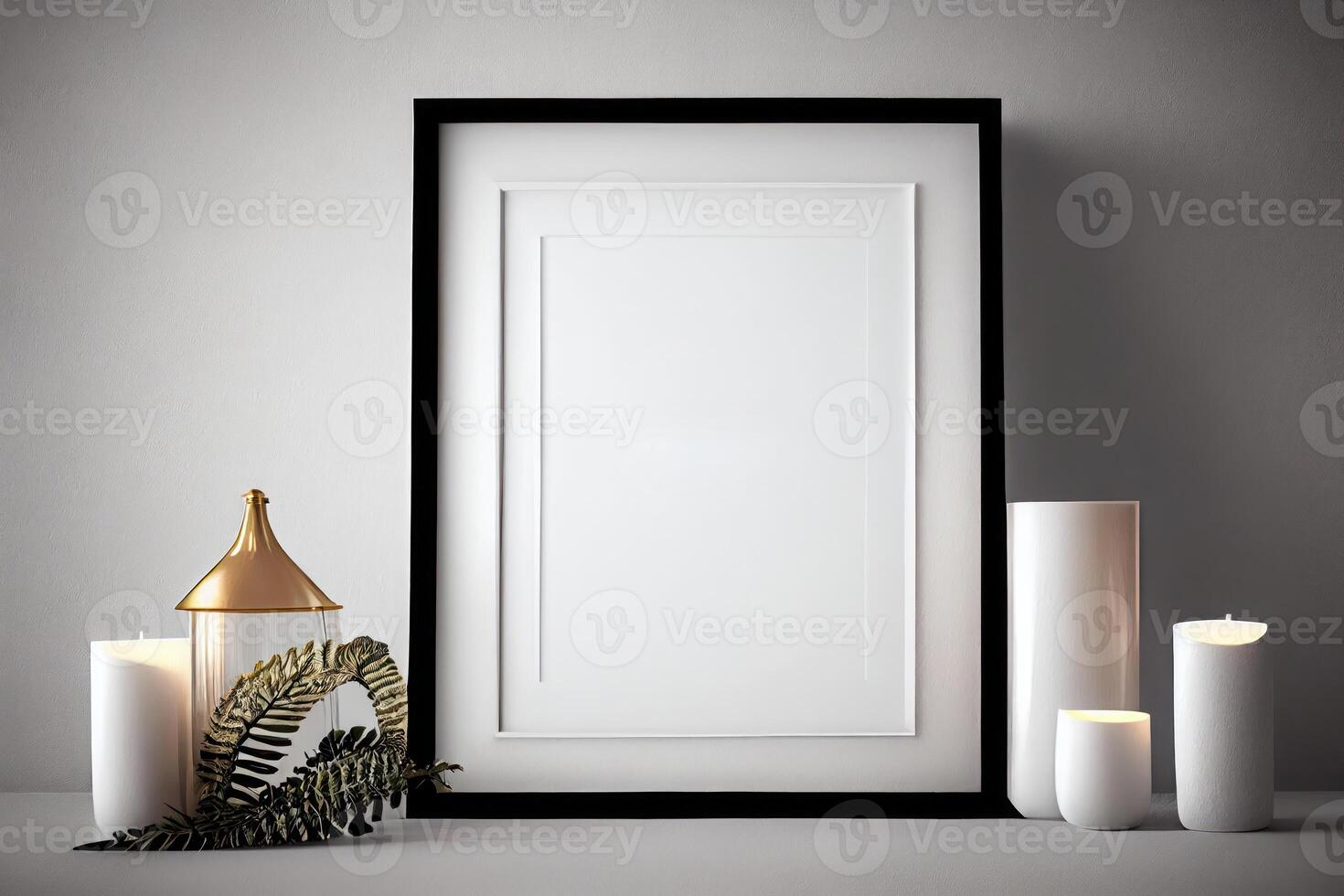 Minimalist boho mockup, empty blank white picture frame, tasteful decorations, stylish lighting . photo