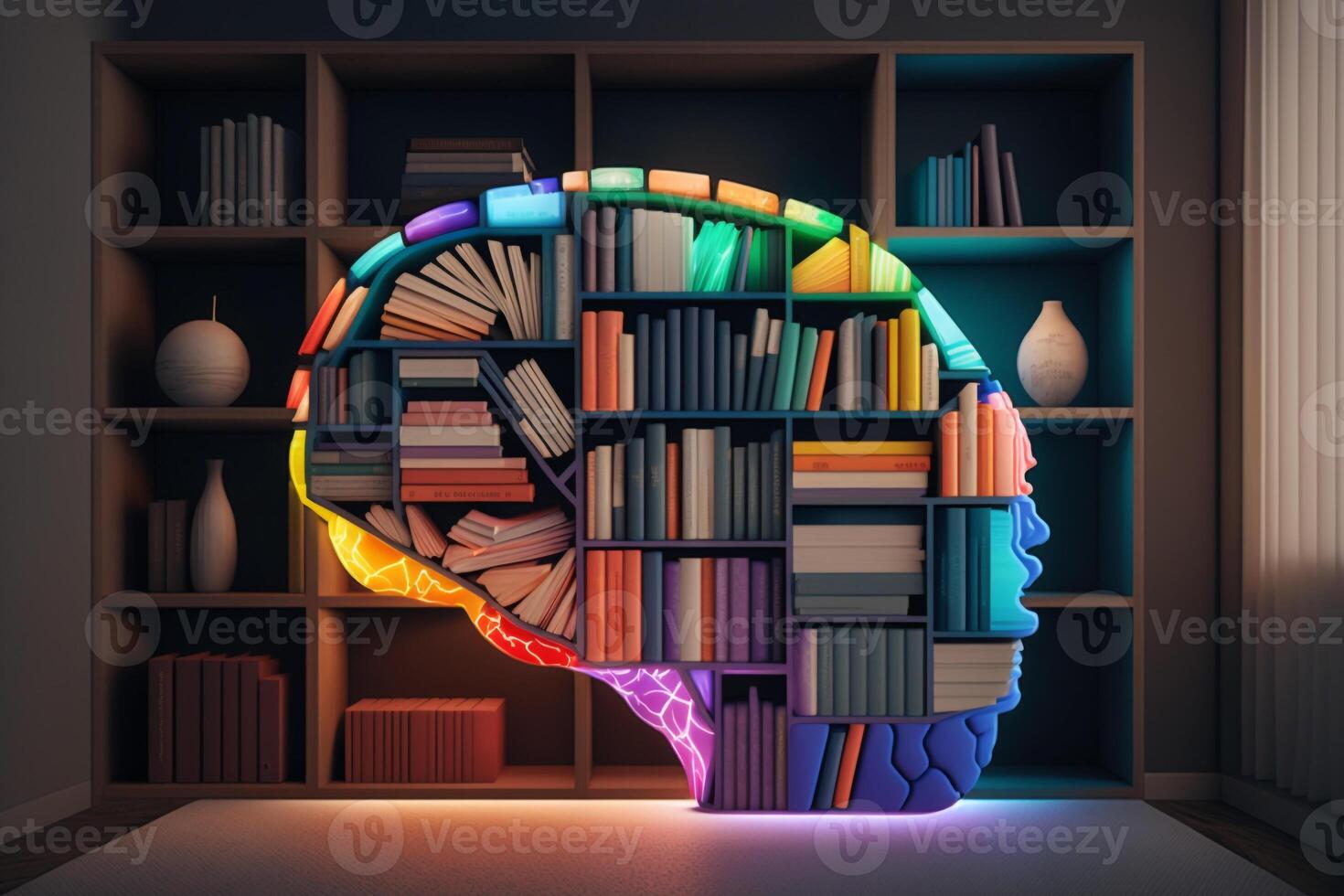 A brain-shaped bookshelf filled with colorful books and ideas. photo