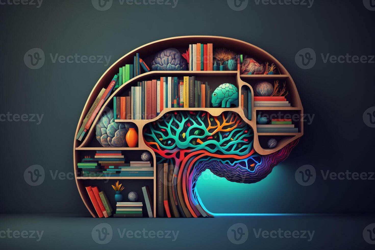 A brain-shaped bookshelf filled with colorful books and ideas. photo