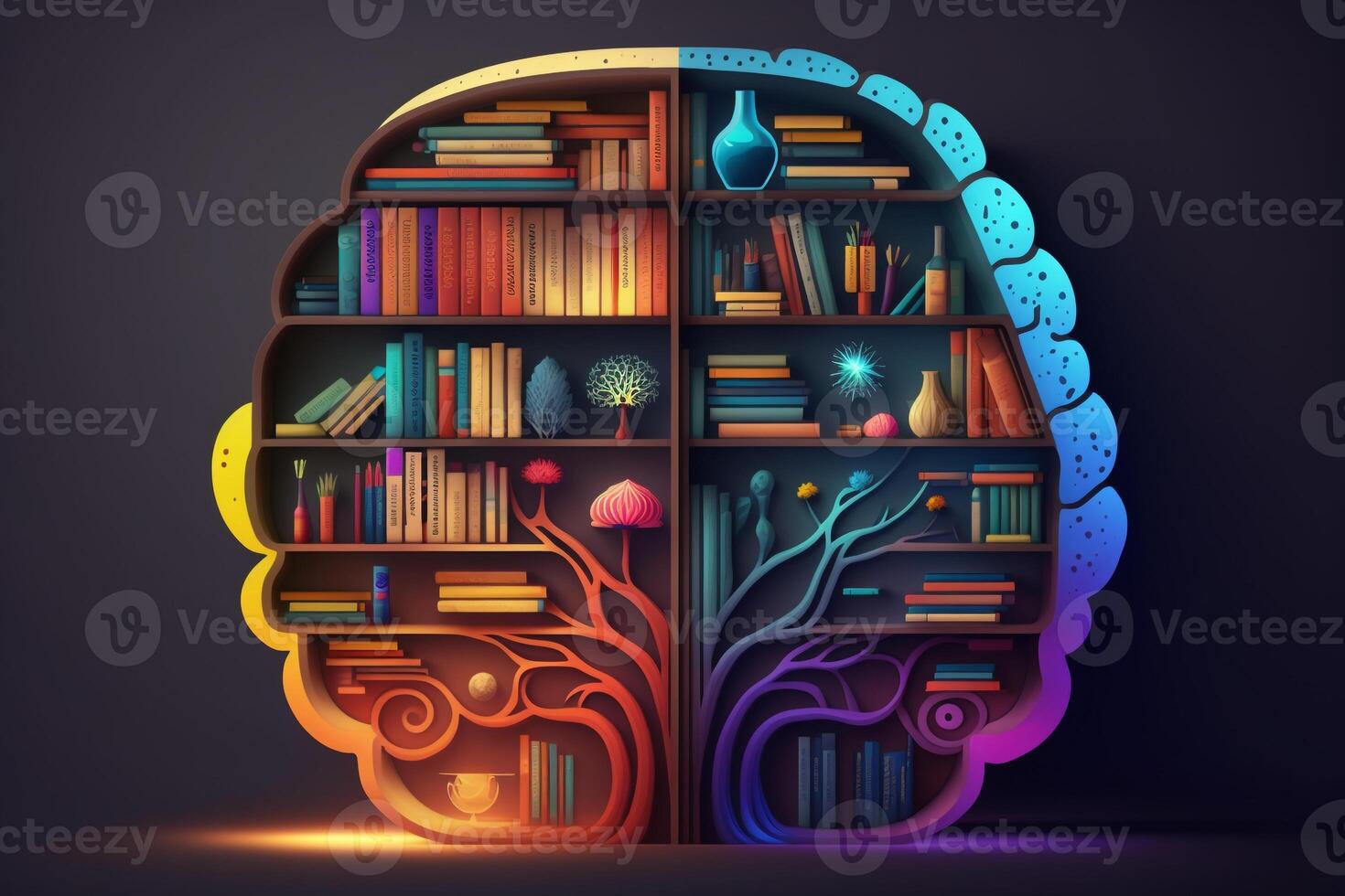 A brain-shaped bookshelf filled with colorful books and ideas. photo