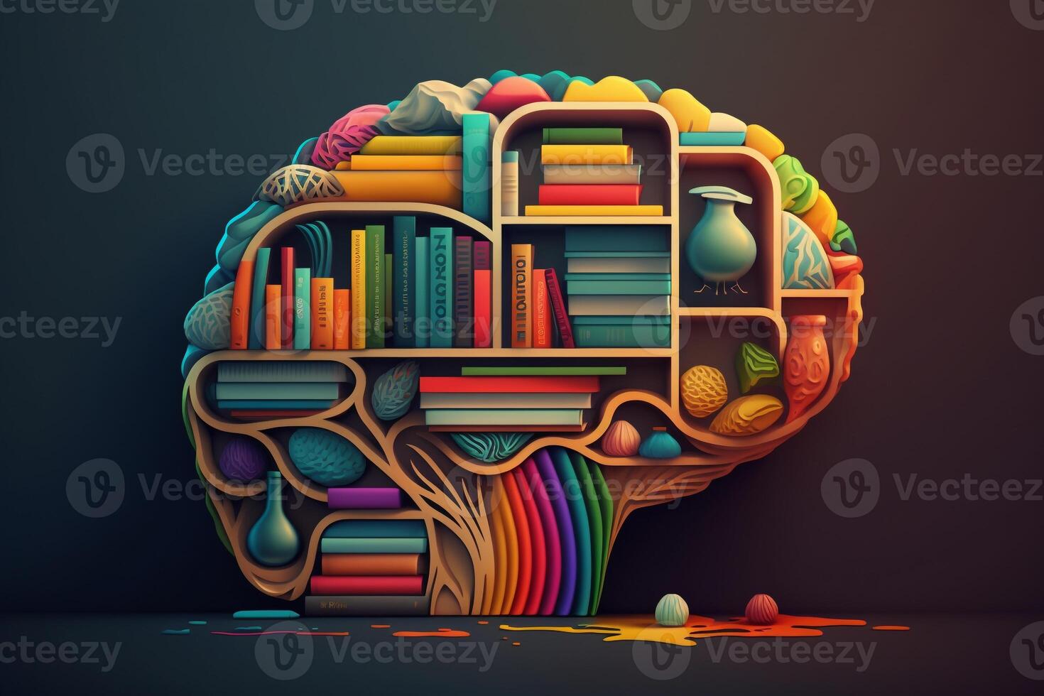 A brain-shaped bookshelf filled with colorful books and ideas. photo