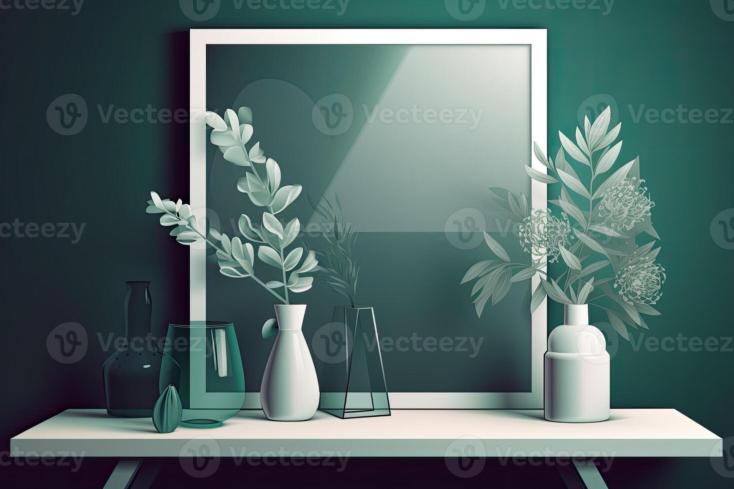 Modern home interior with design wooden commode, mock up poster map, feather in vase, accessories in stylish home decor Template. photo