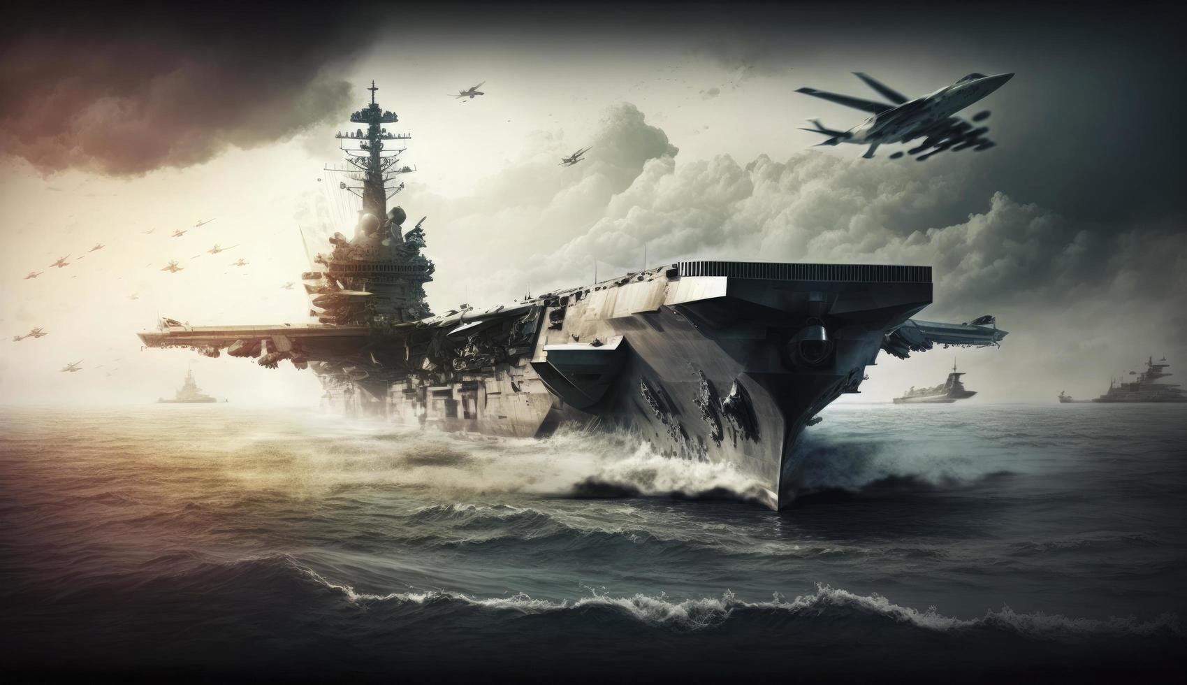 panoramic view of a generic military aircraft carrier ship with fighter jets take off during a special operation at a warzone, wide poster design with copy space area, Generate Ai photo