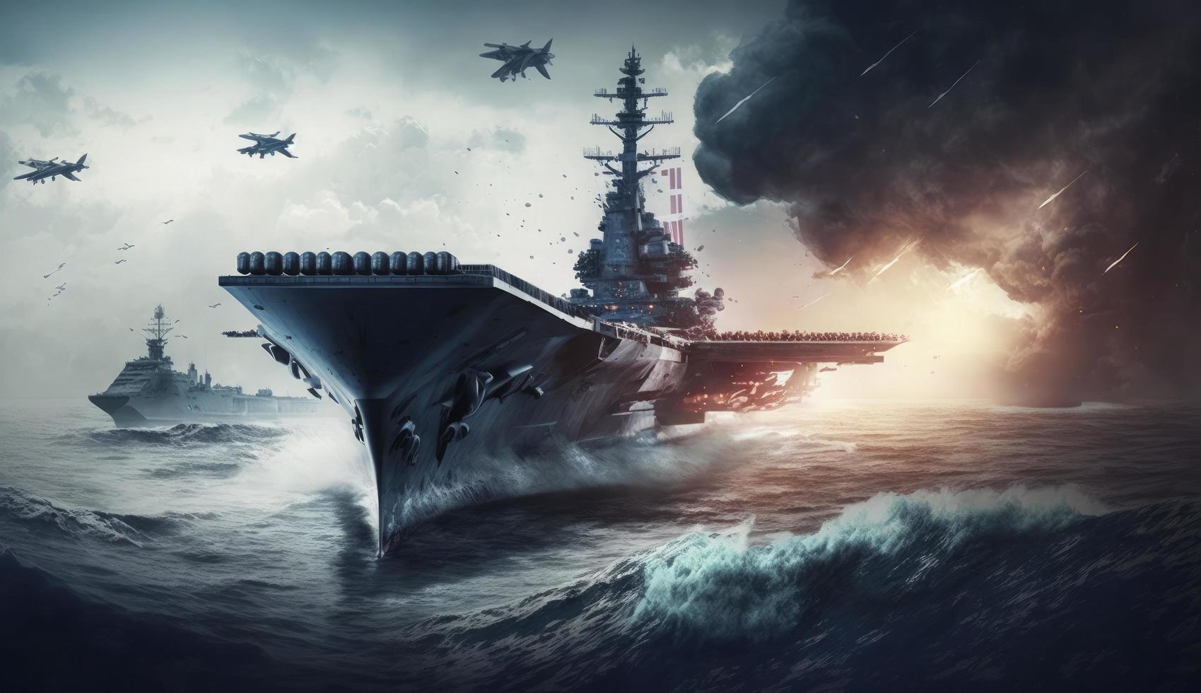 panoramic view of a generic military aircraft carrier ship with fighter jets take off during a special operation at a warzone, wide poster design with copy space area, Generate Ai photo