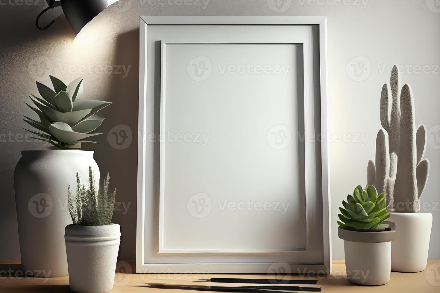 Wooden frame with blank white painting . photo