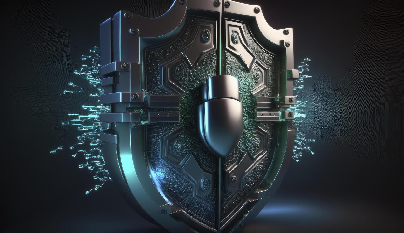 Concept of cyber security designed as lock on defensive shield. Postproducted illustration. photo