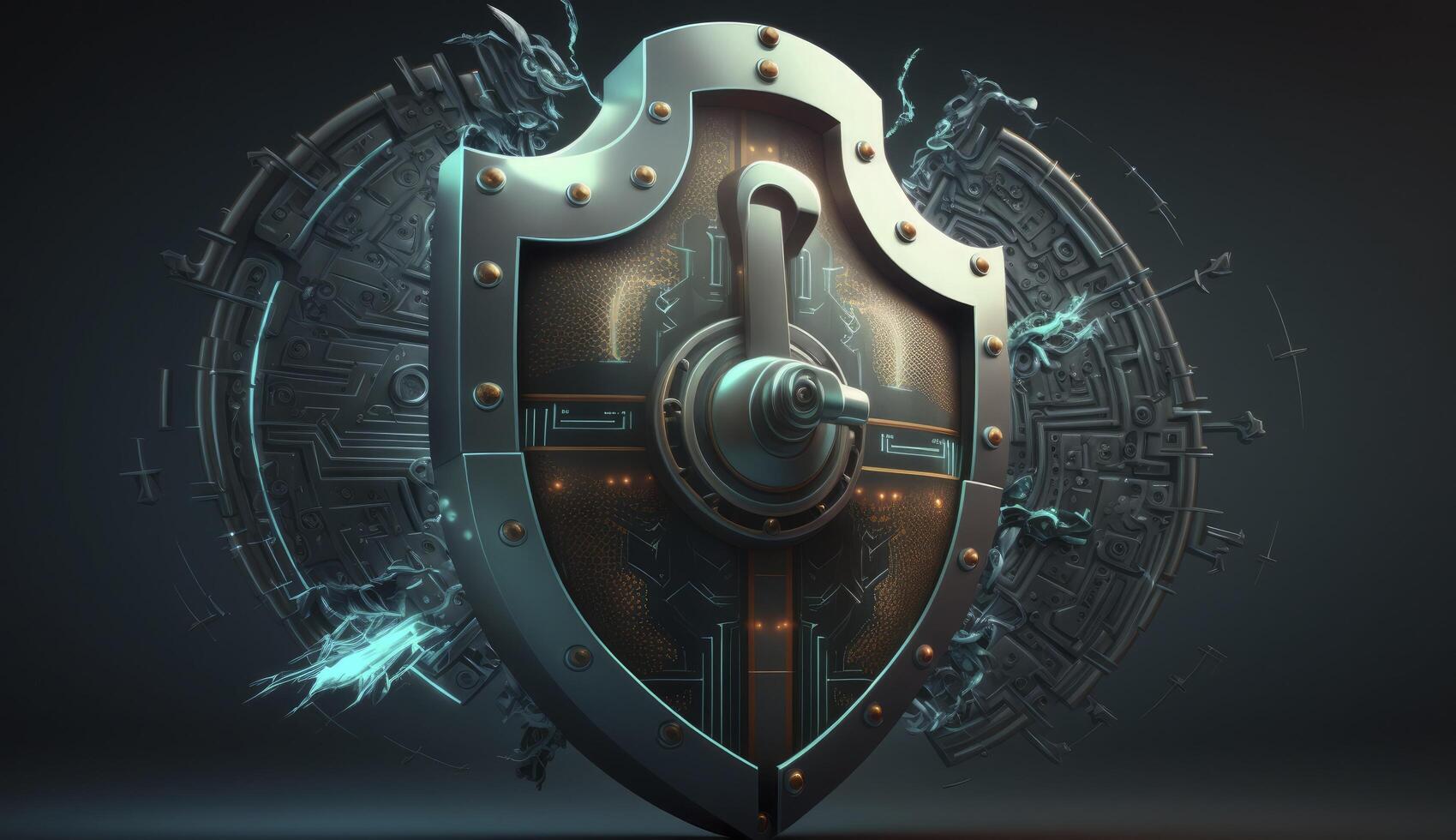Concept of cyber security designed as lock on defensive shield. Postproducted illustration. photo