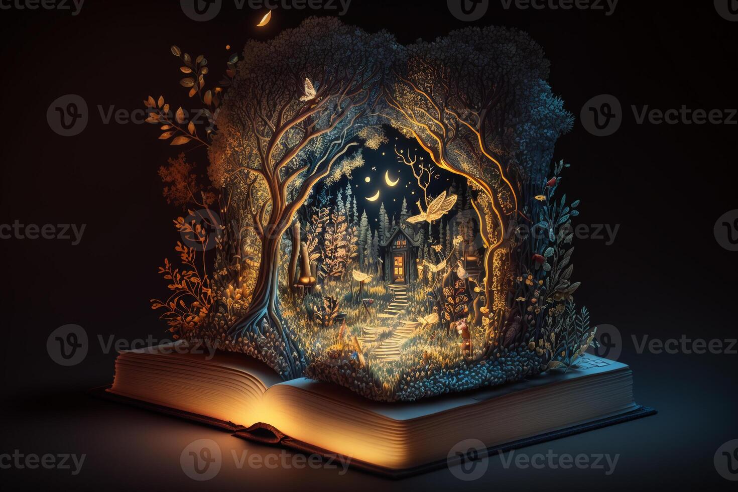 A magic book that opens to pages that emits a warm golden light and the pages are covered with illustrations of fantastic creatures. photo