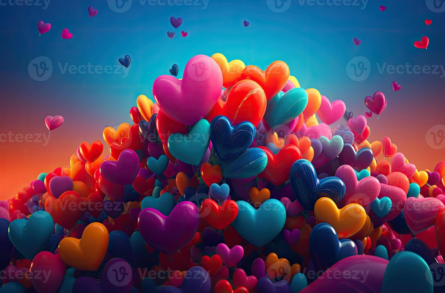 Colorful heart shape balloon with blue sky. Valentine's day background with heart shaped balloons. . photo
