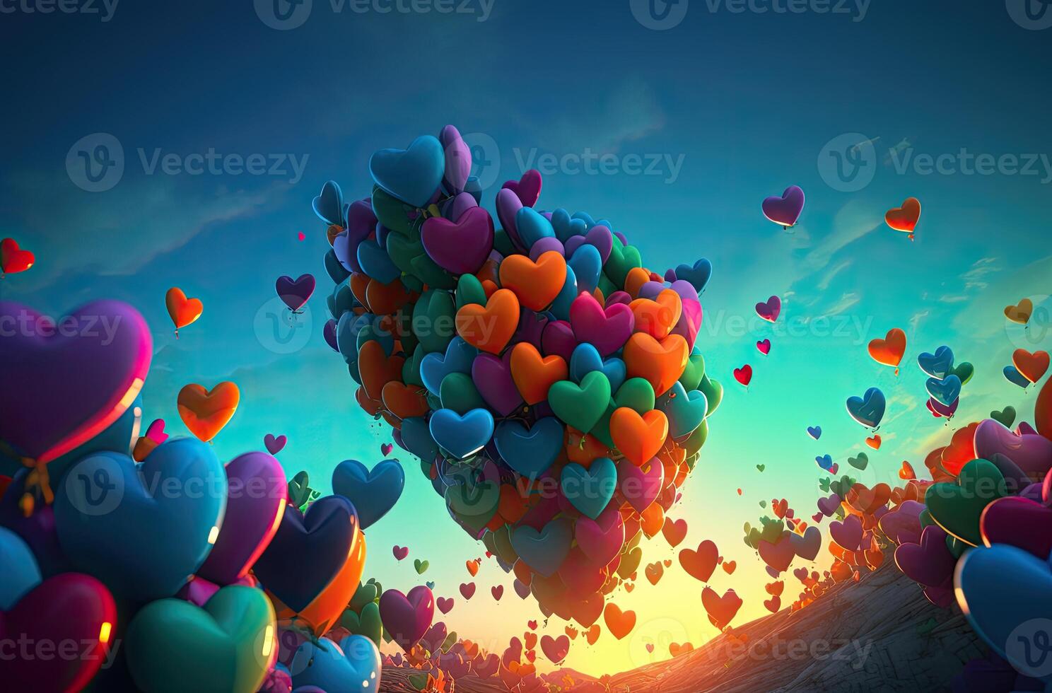 Colorful heart shape balloon with blue sky. Valentine's day background with heart shaped balloons. . photo