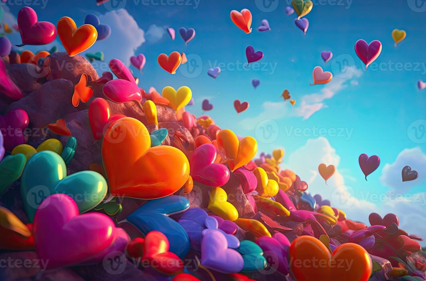 Colorful heart shape balloon with blue sky. Valentine's day background with heart shaped balloons. . photo