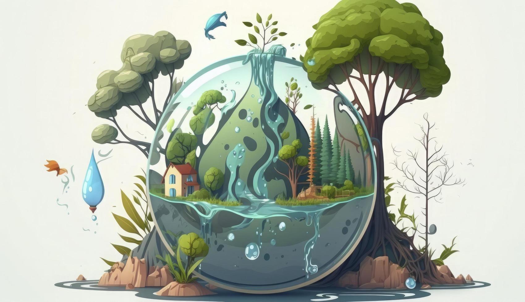 concept of ecology and world water day .Cartoon art, world earth day poster, banner, card,  APRIL 22, Saving the planet, environment,  Planet Earth, Generate Ai photo