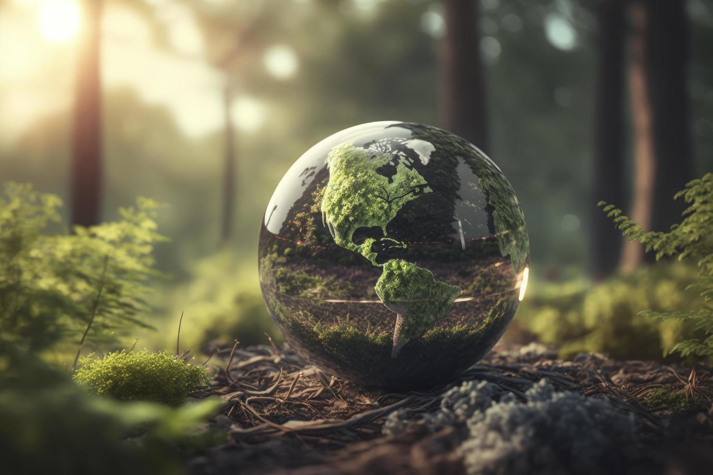 World environment and earth day concept with glass globe and eco friendly environment,  world earth day poster, banner, card,  APRIL 22, Saving the planet, environment,  Planet Earth, Generate Ai photo