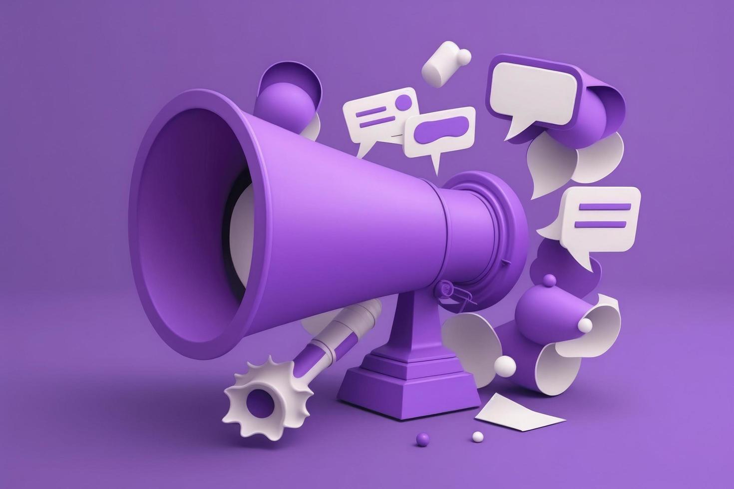 3D Social media frame post with Megaphone and Hashtag. Social network marketing and promotion. Online hype news concept. Cartoon creative design icon isolated on purple background. 3D Rendering photo