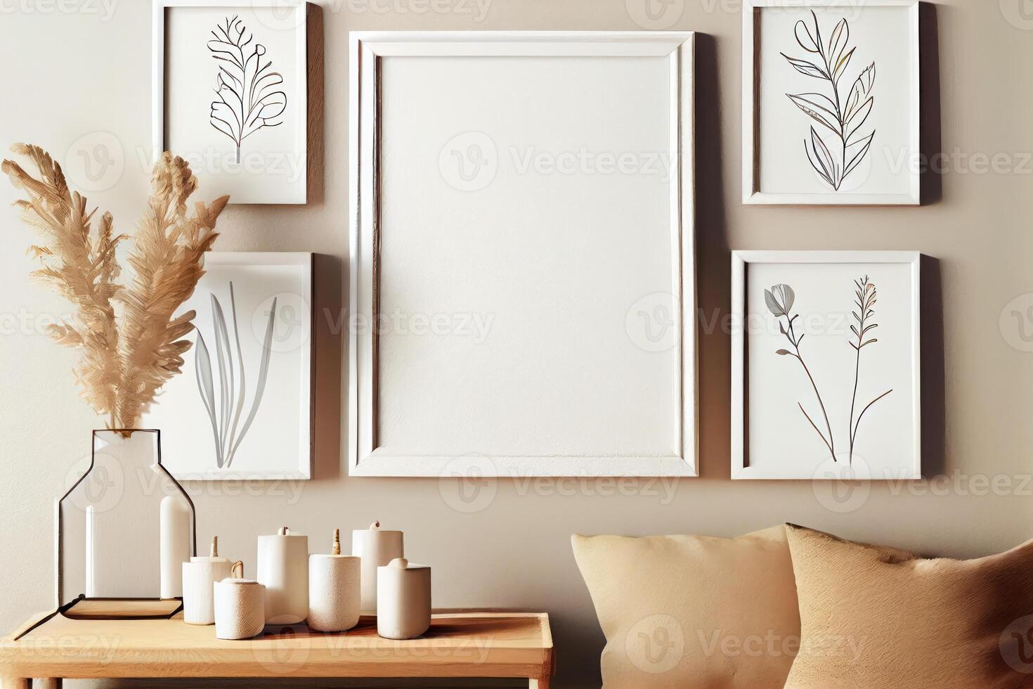 minimalist boho cozy mockup, blank empty white frames . photo