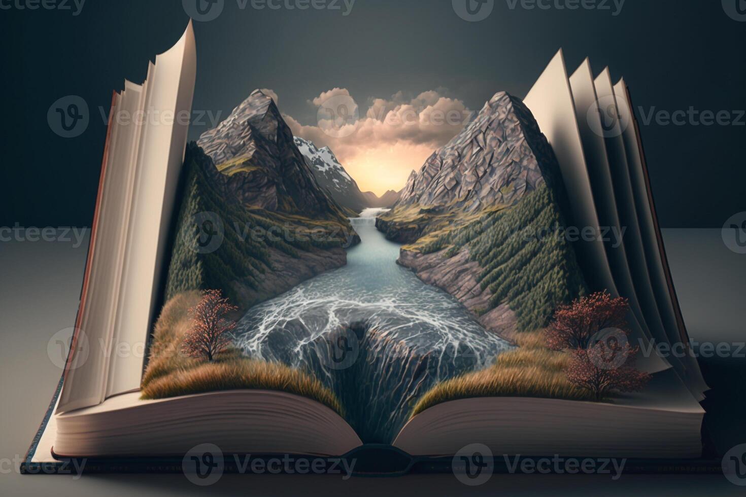 a fantastic open book, with a beautiful landscape scene spreading out from its pages, complete with mountains, forests, and waterfalls. photo