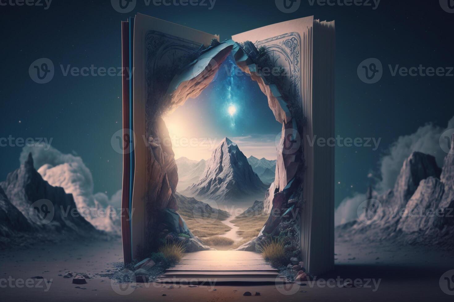 a fantastic open book, with a mysterious and magical portal leading to another world opening up from the pages. photo