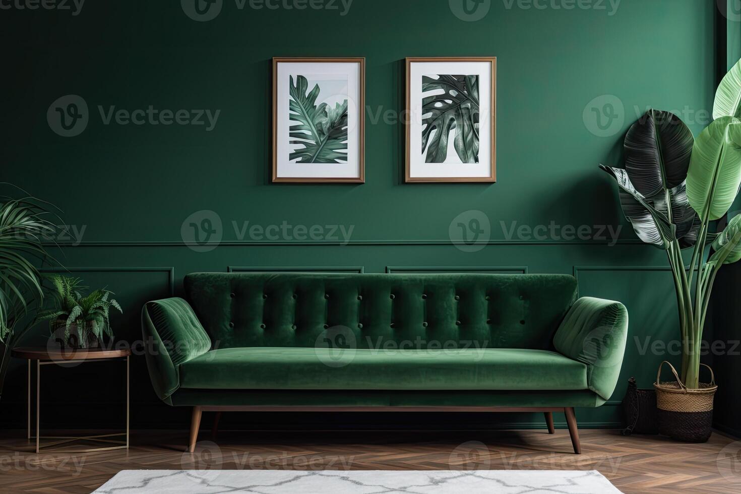 Luxury living room in house with modern interior design, green velvet sofa, coffee table, pouf, gold decoration, plant, lamp, carpet, mock up poster frame. Template. photo