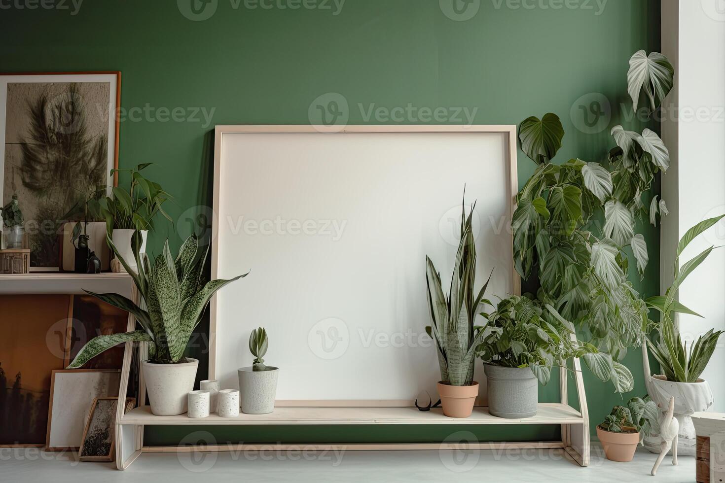 Modern home interior with design wooden commode, mock up poster map, feather in vase, accessories in stylish home decor Template. photo