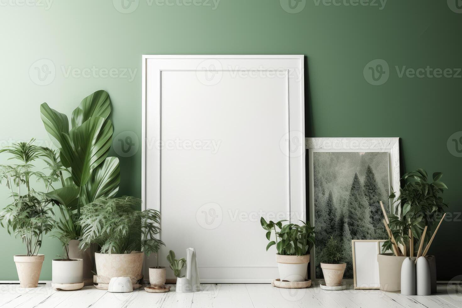 Modern home interior with design wooden commode, mock up poster map, feather in vase, accessories in stylish home decor Template. photo