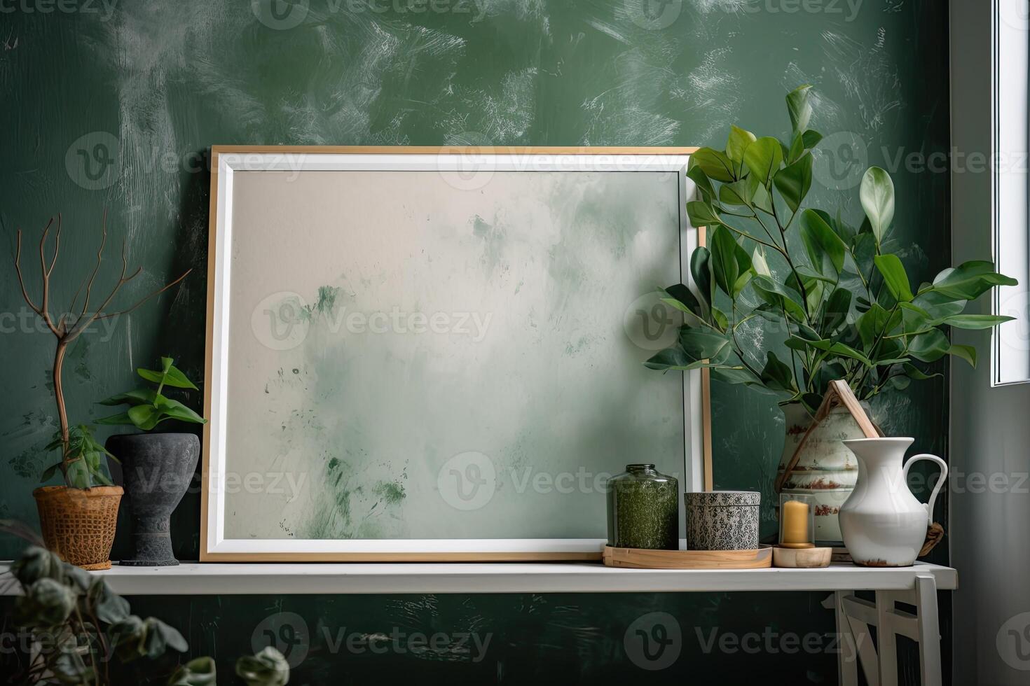 Modern home interior with design wooden commode, mock up poster map, feather in vase, accessories in stylish home decor Template. photo