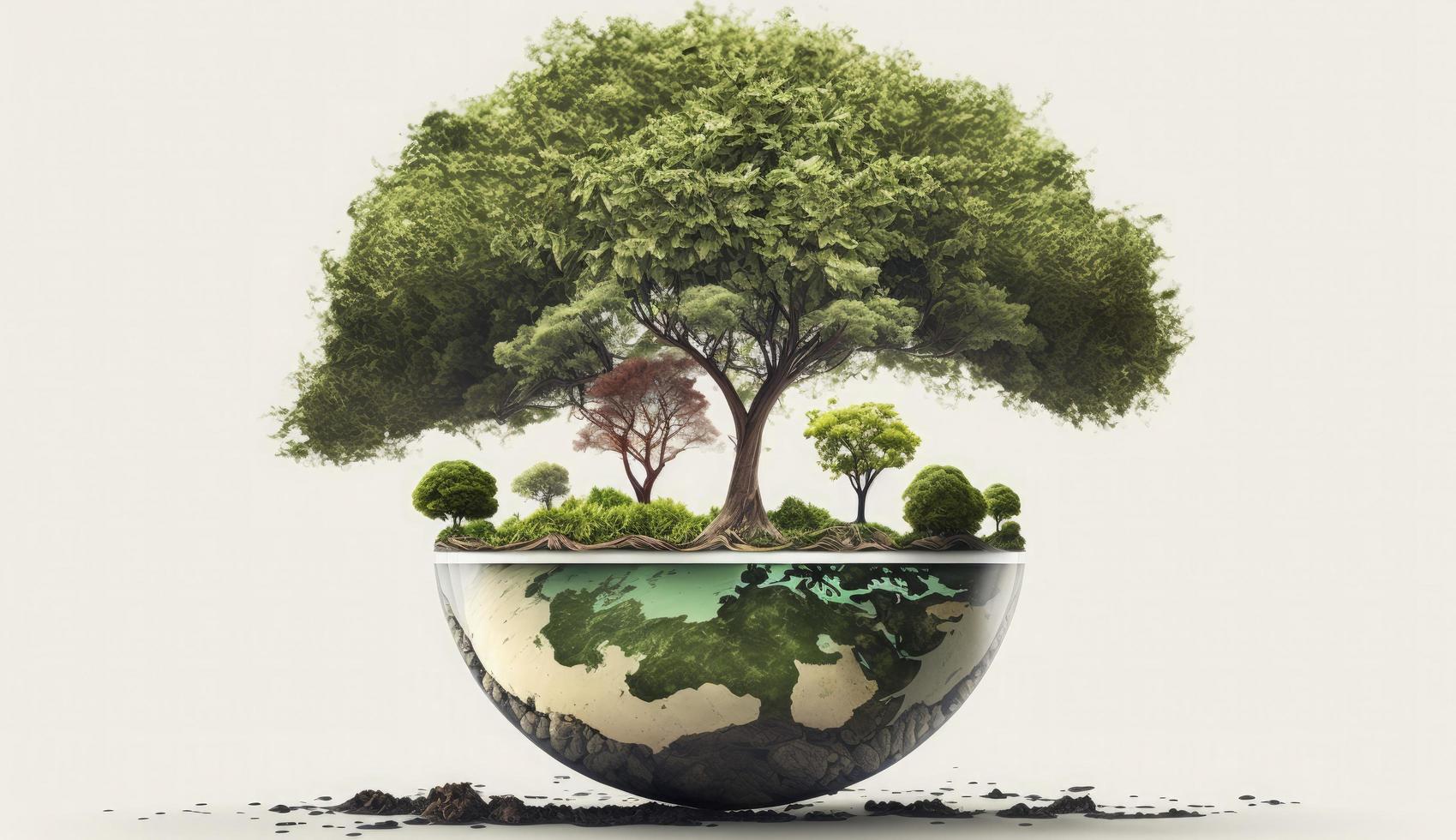 Planet earth with green tree on white background,  world earth day poster, banner, card,  APRIL 22, Saving the planet, environment,  Planet Earth, Generate Ai photo