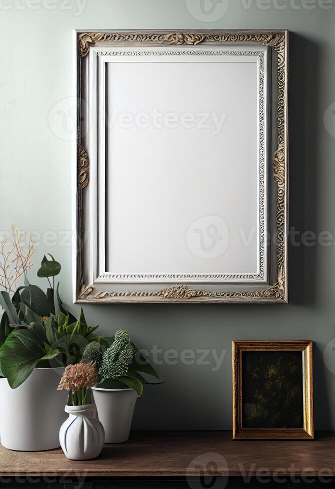 mockup for a blank white painting with a thin square frame on the wall, decorated in a vintage style next to the painting . photo