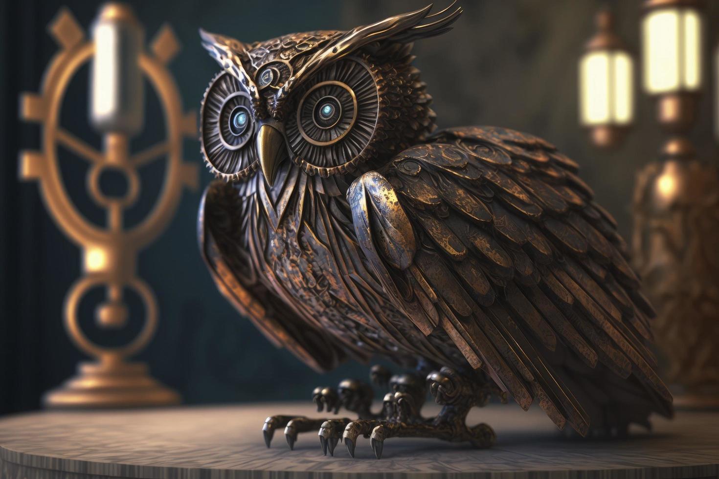 metal owl statue on top of a table, a 3D rendering, kinetic art, steampunk photo