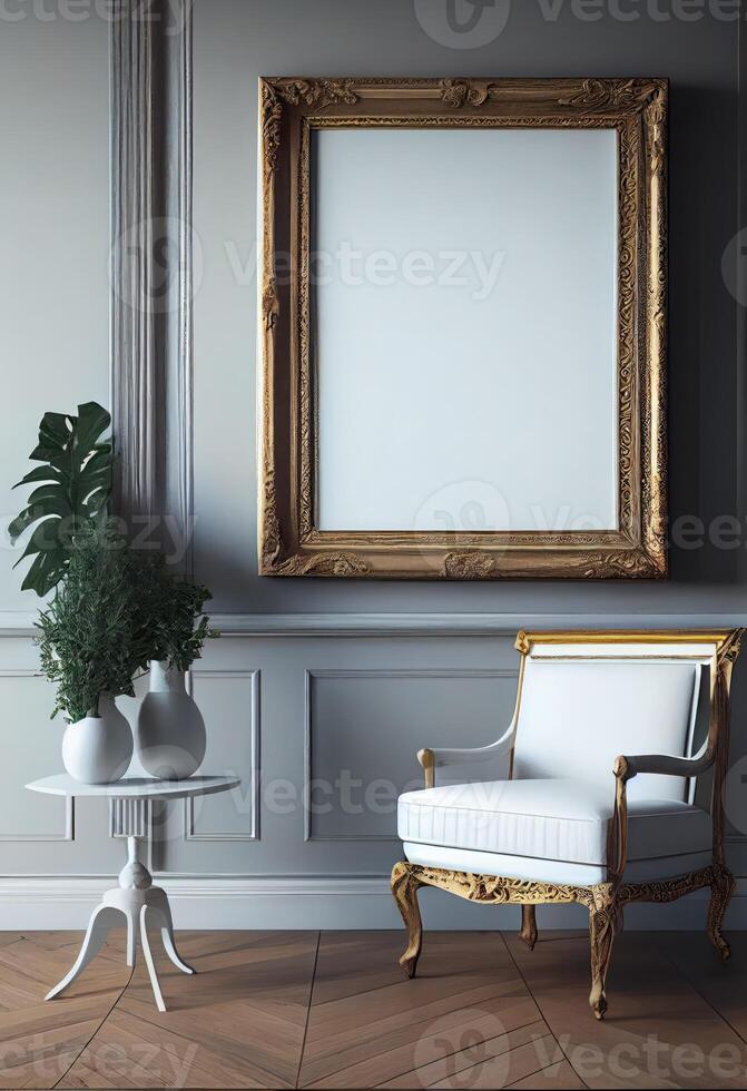 mockup for a blank white painting with a thin square frame on the wall, decorated in a vintage style next to the painting . photo