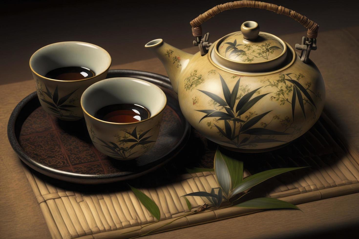 japonés té - caliente tetera y tazas de té en bambú estera foto