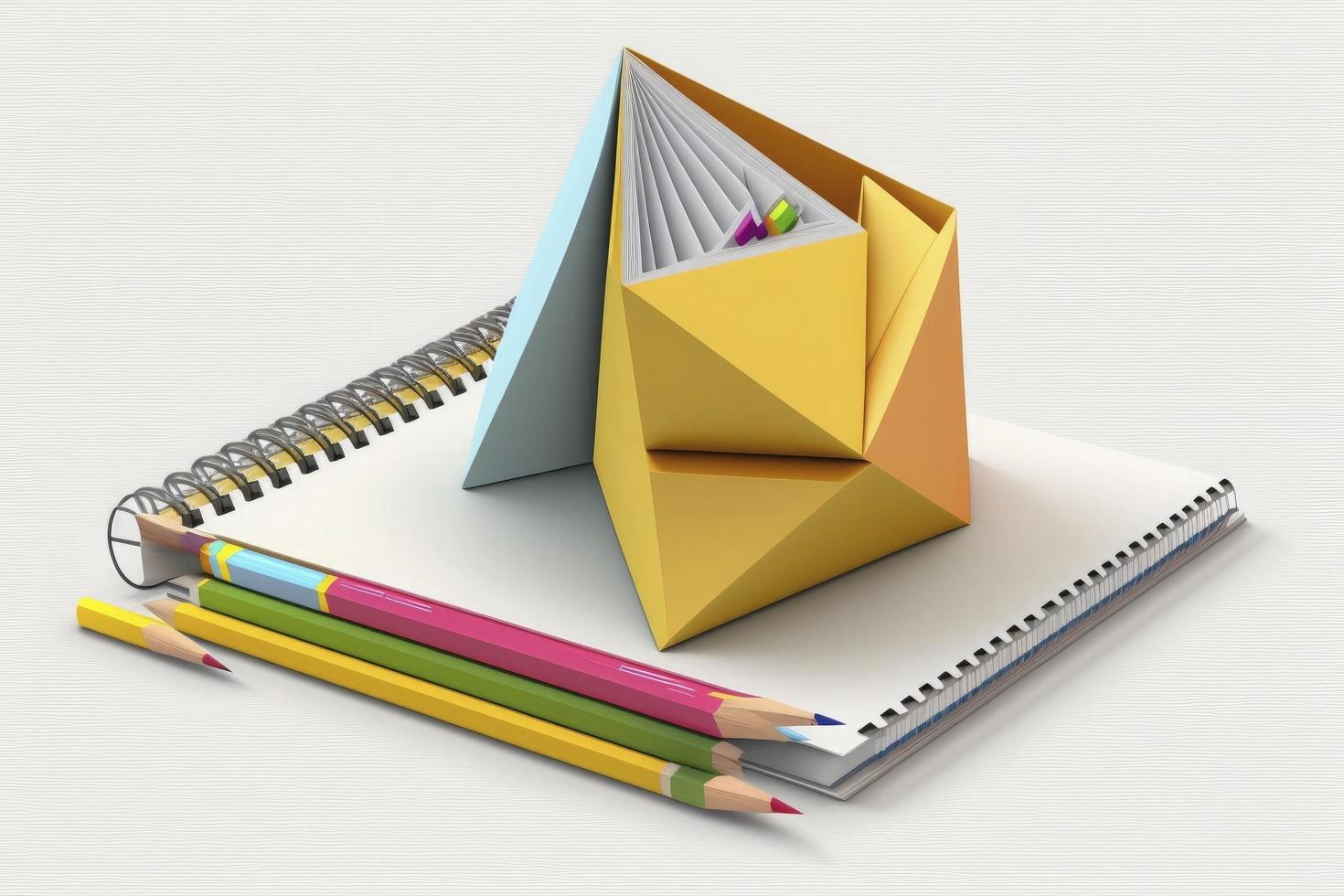 3D Notebook with pencil, ruler and triangular. School tools. Stationery for education and office. Supply for mathematics and geometry. Cartoon creative design icon isolated on white. 3D Rendering photo